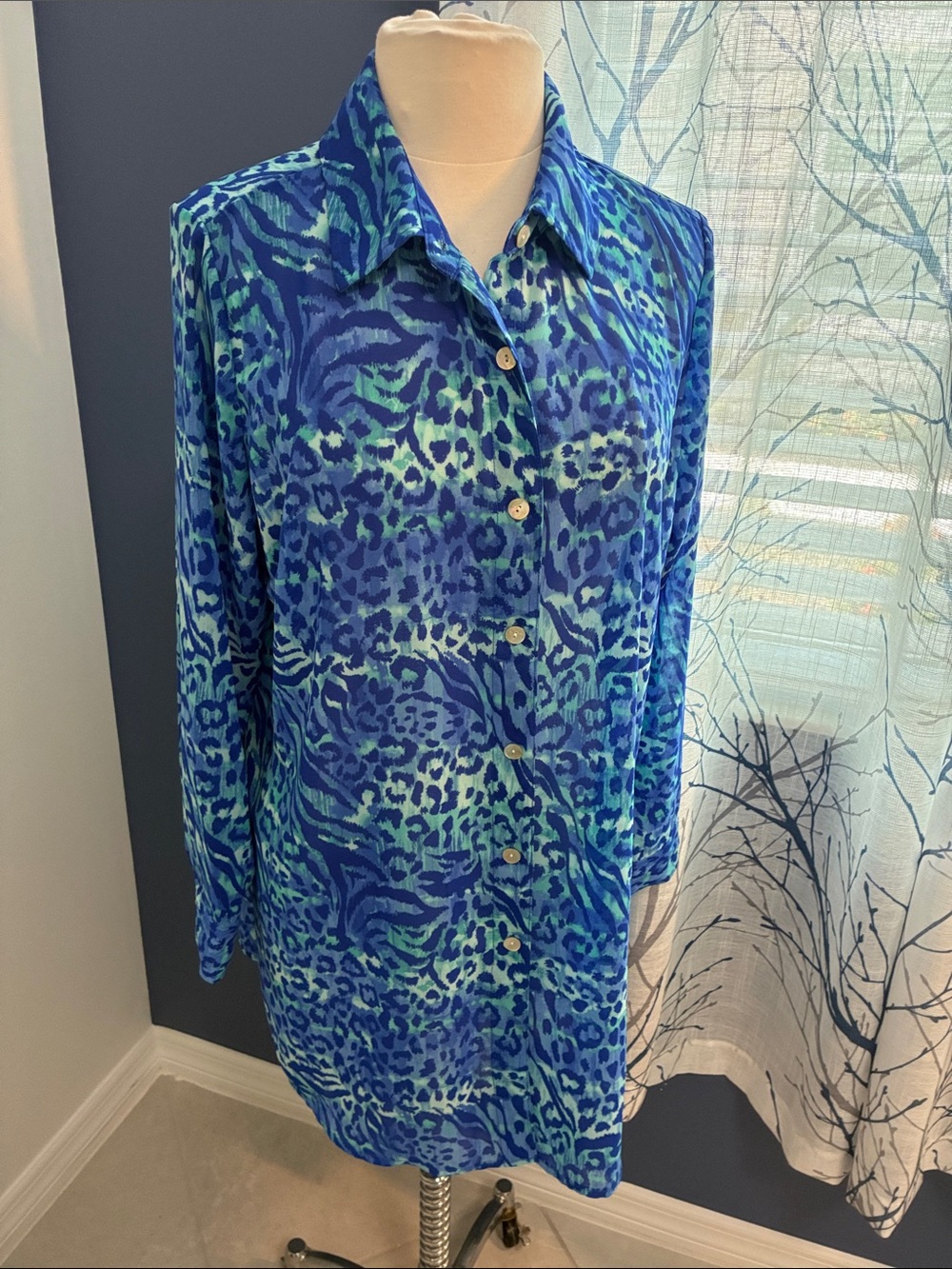 Belle by Kim Gravel Blue & Aqua Animal Print Button-Up Swim Coverup